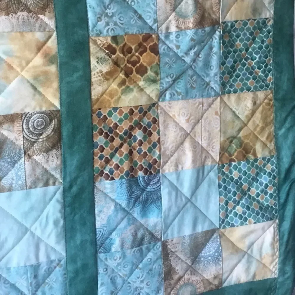 NWT Hand Crafted Quilt in Teals and Tans